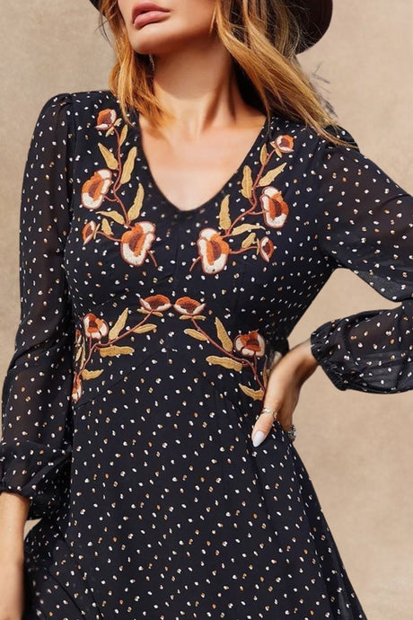 Jessica Embroidered V-Neck Long Sleeve Dress