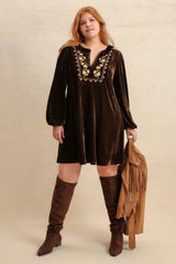 Emilie Plus Size Embroidered Notched Balloon Sleeve Mini Dress