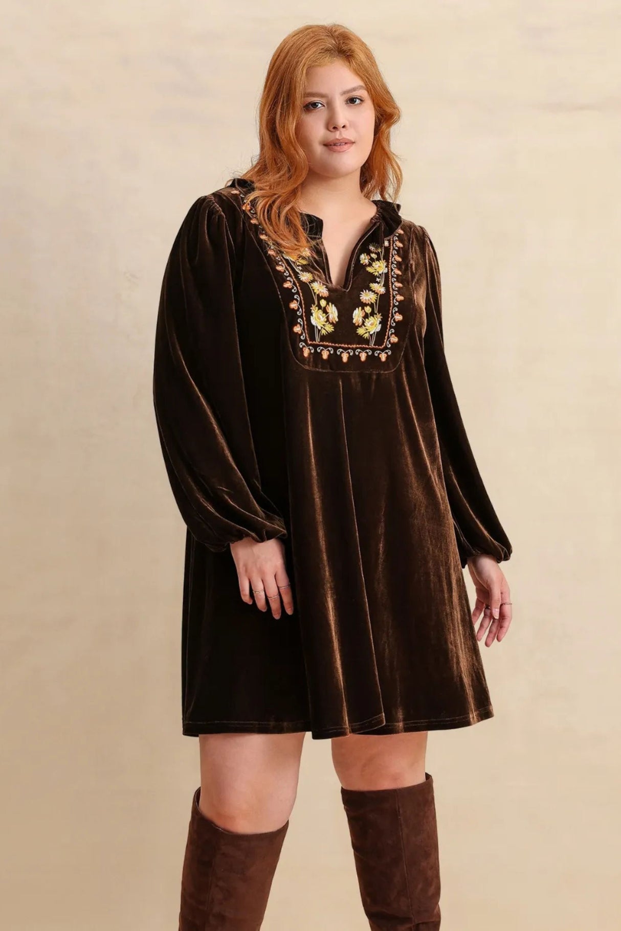 Emilie Plus Size Embroidered Notched Balloon Sleeve Mini Dress