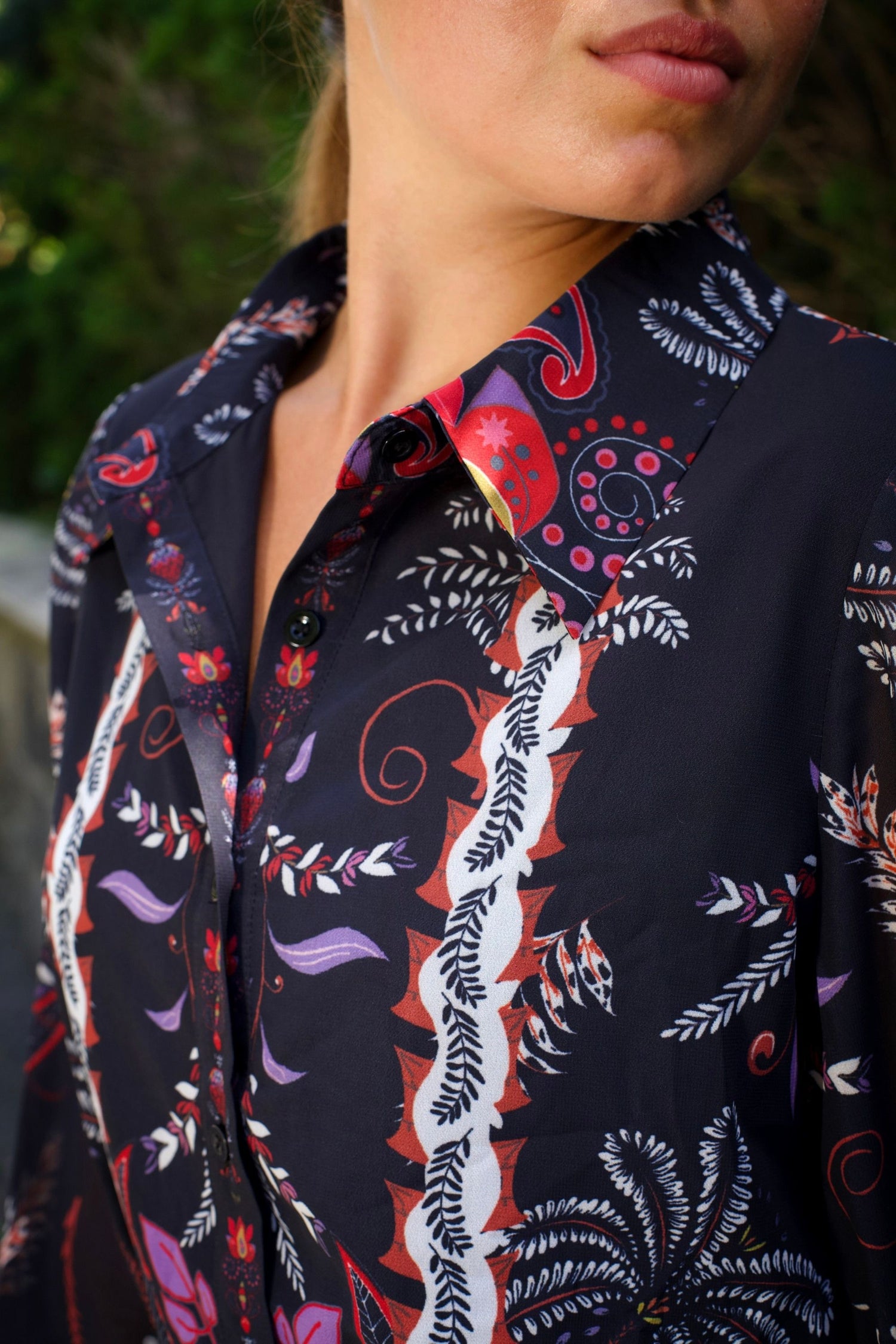 Etna Women's Boho Print Black Shirt Dress Waist Tie Button Front