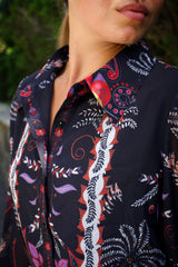 Etna Women's Boho Print Black Shirt Dress Waist Tie Button Front