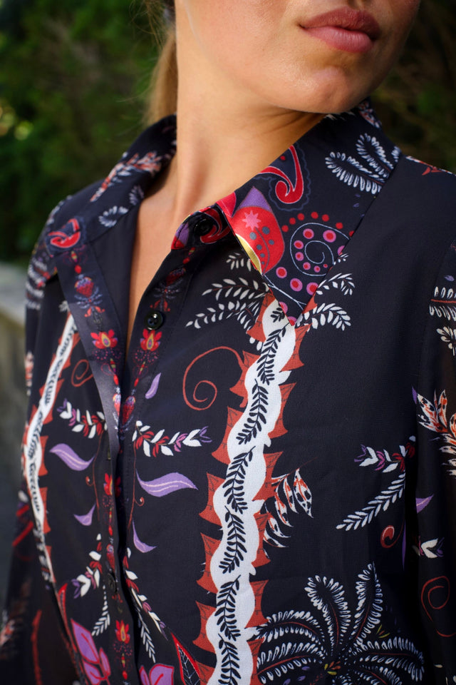 Etna Women's Boho Print Black Shirt Dress Waist Tie Button Front