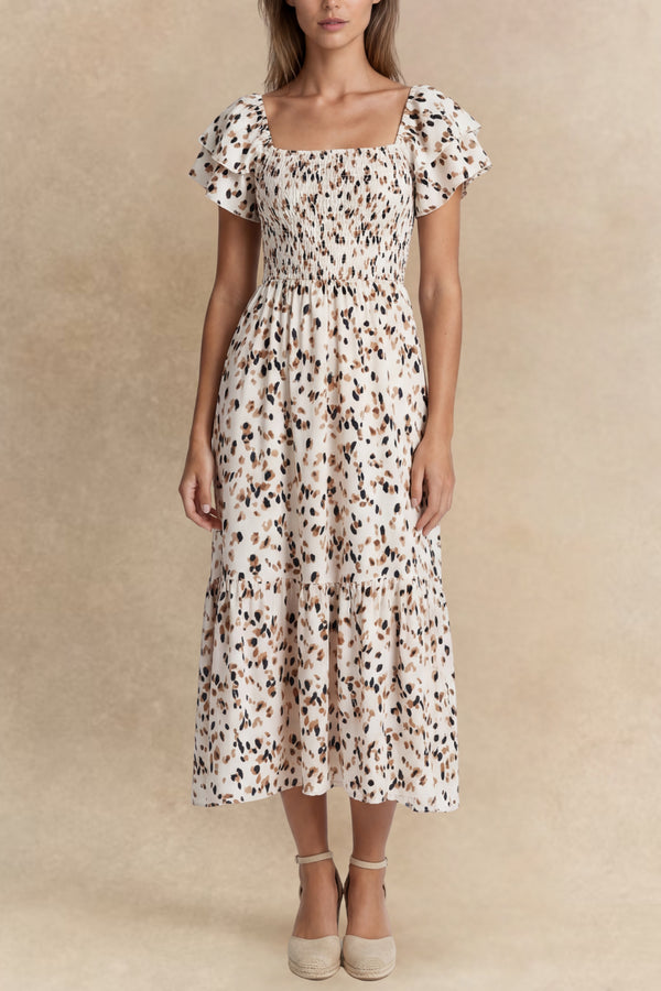 Évangéline Robe Midi Encolure Carrée Manches Volants