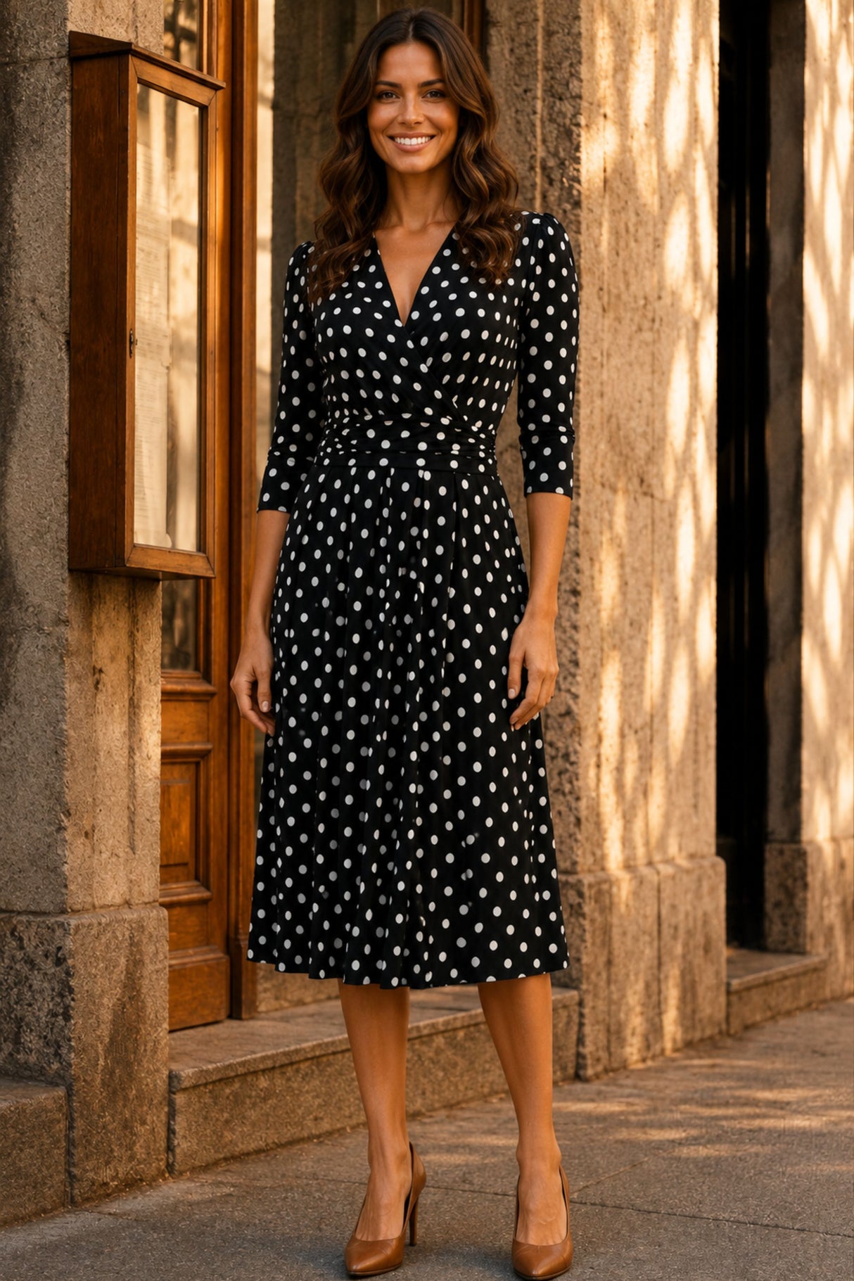 Evelyn Polka Dot Stretch Wrap Midi Dress