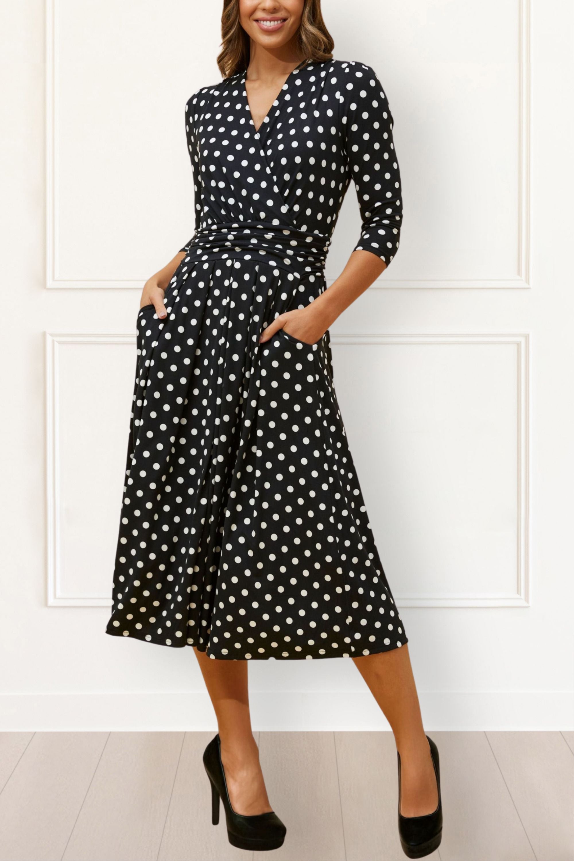 Evelyn Midi Dress Crossover Polka Dot Print Onze Montreal
