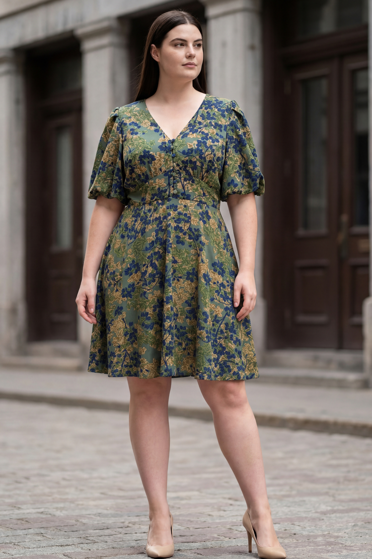 Robe verte fleurie Fleur coupe évasée