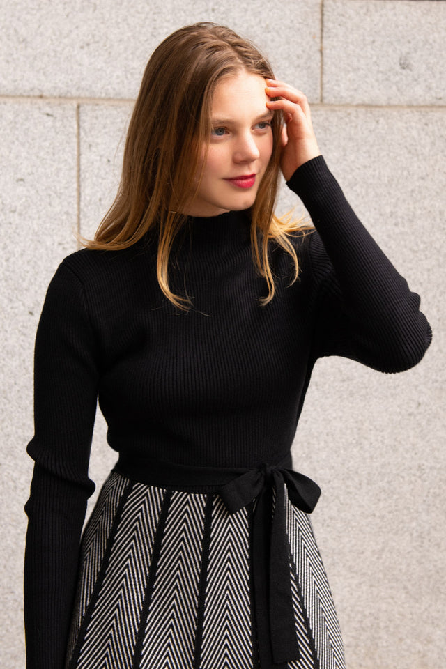 Fiola Dress Knit Solid Mock Herringbone Skirt Black