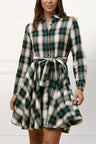 Fiona Shirt Dress Waist Tie Plaid Print Green - Onze Montreal