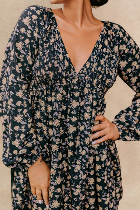 Floral Deep V Neck Smocked Bust Bubble Sleeve Babydoll Dress