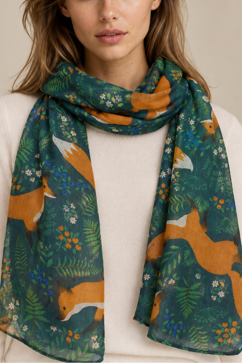 Foxes Print  Scarf Teal