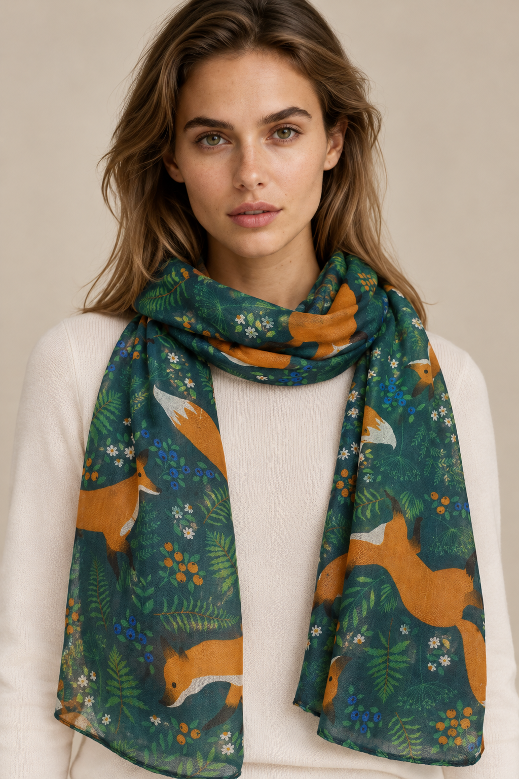 Foxes Print  Scarf Teal