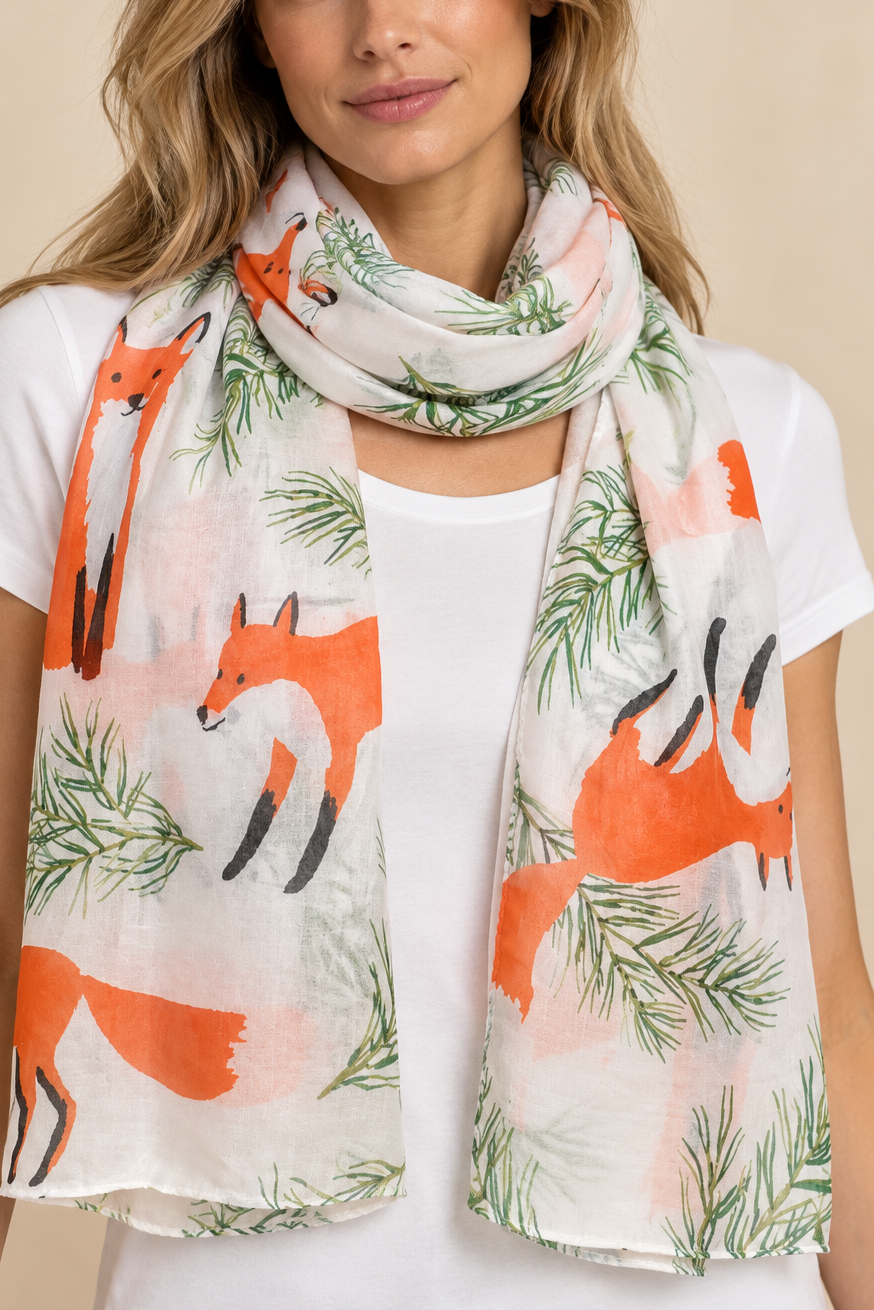 Scarf Fox Print White