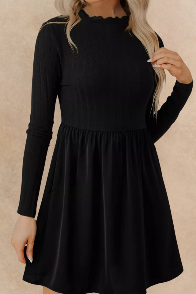 Frilled Neck Ribbed Knit Patchwork Long Sleeve Mini Dress