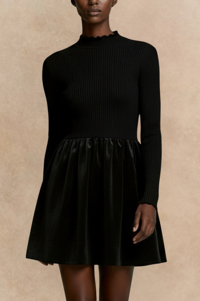 Frilled Neck Ribbed Knit Patchwork Long Sleeve Mini Dress