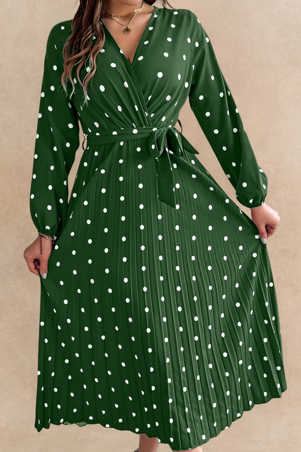 Lydia Robe Midi Plissée à Pois Nouer Devant