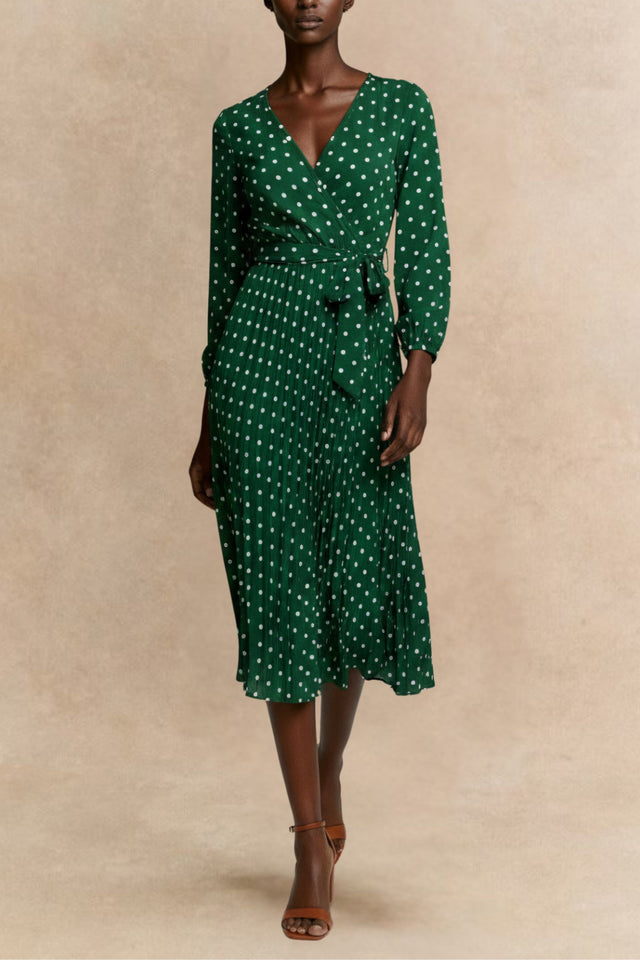 Lydia Robe Midi Plissée à Pois Nouer Devant