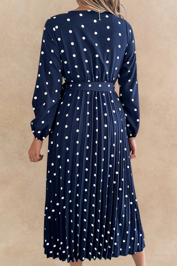 Lydia Robe Midi Plissée à Pois Nouer Devant