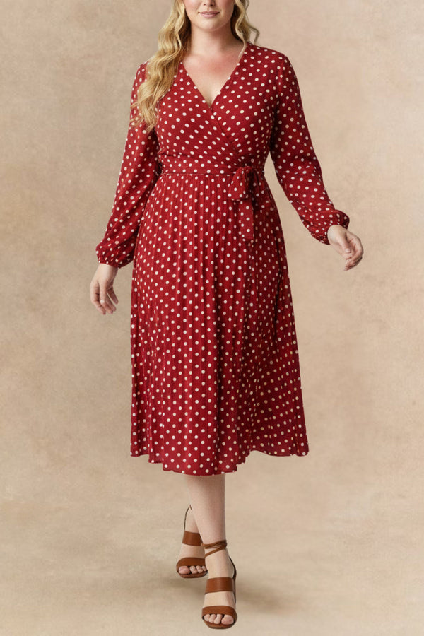 Lydia Robe Midi Plissée à Pois Nouer Devant