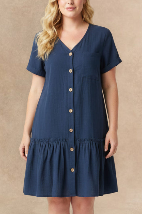 Monique Full Size Button-Front Short Sleeve Tiered Dress Plus Size
