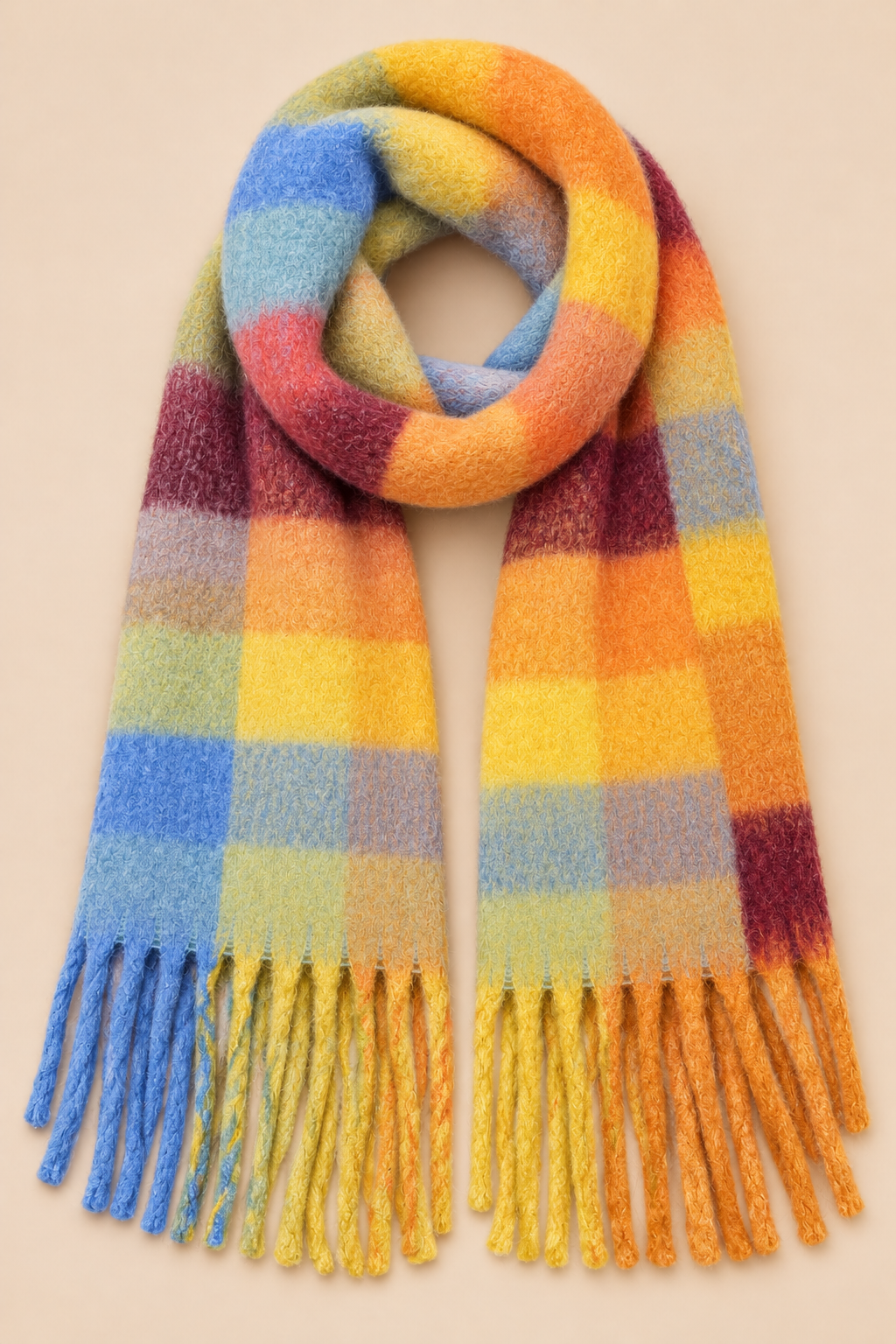 Écharpe D'Hiver Carreaux Multicolores Franges