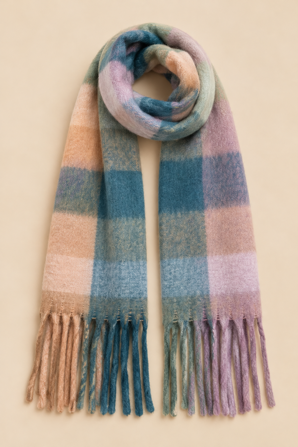 Foulard à carreaux sarcelle et taupe avec franges