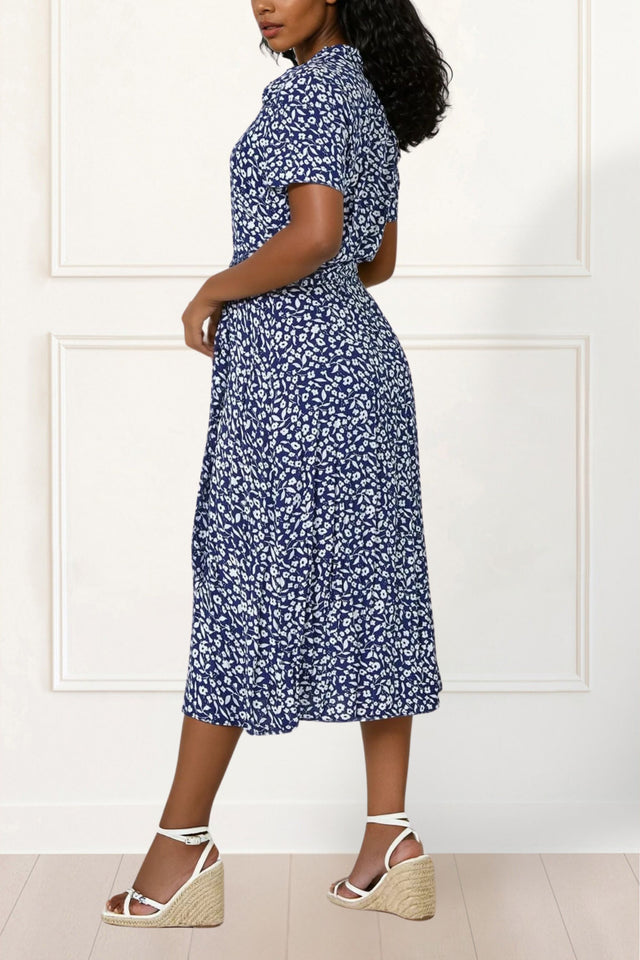 Gaelle Blue Printed Shirt Dress – Elegant Midi Dress with Waist Tie - Onze Montreal XS / Navy Annick