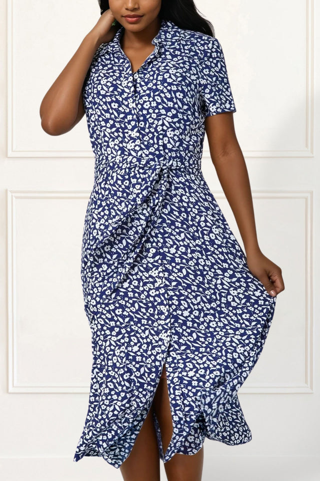 Gaelle Blue Printed Shirt Dress – Elegant Midi Dress with Waist Tie - Onze Montreal XS / Navy Annick