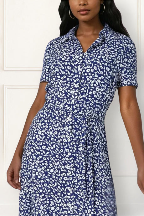 Gaelle Blue Printed Shirt Dress – Elegant Midi Dress with Waist Tie - Onze Montreal XS / Navy Annick