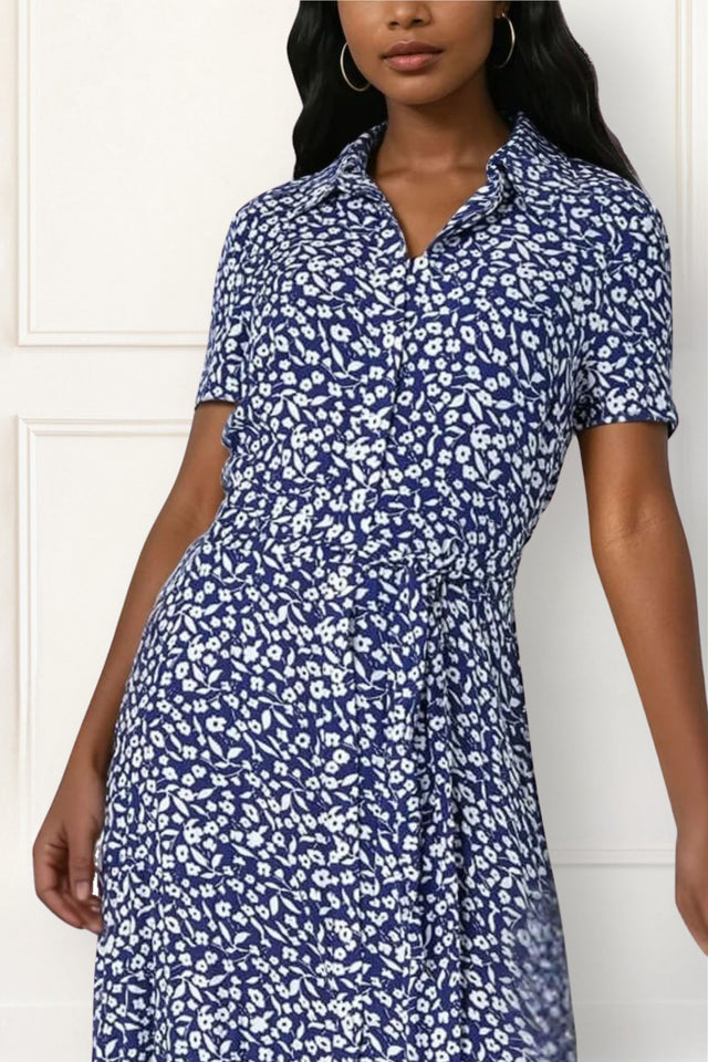 Gaelle Blue Printed Shirt Dress – Elegant Midi Dress with Waist Tie - Onze Montreal XS / Navy Annick