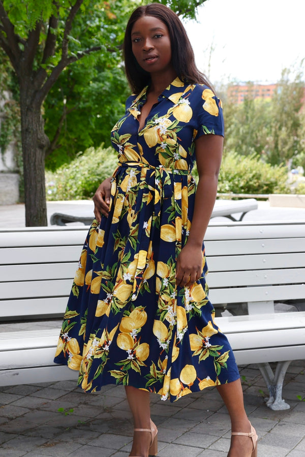 Galia Robe Chemise Mi-Longue Citron Ceinture