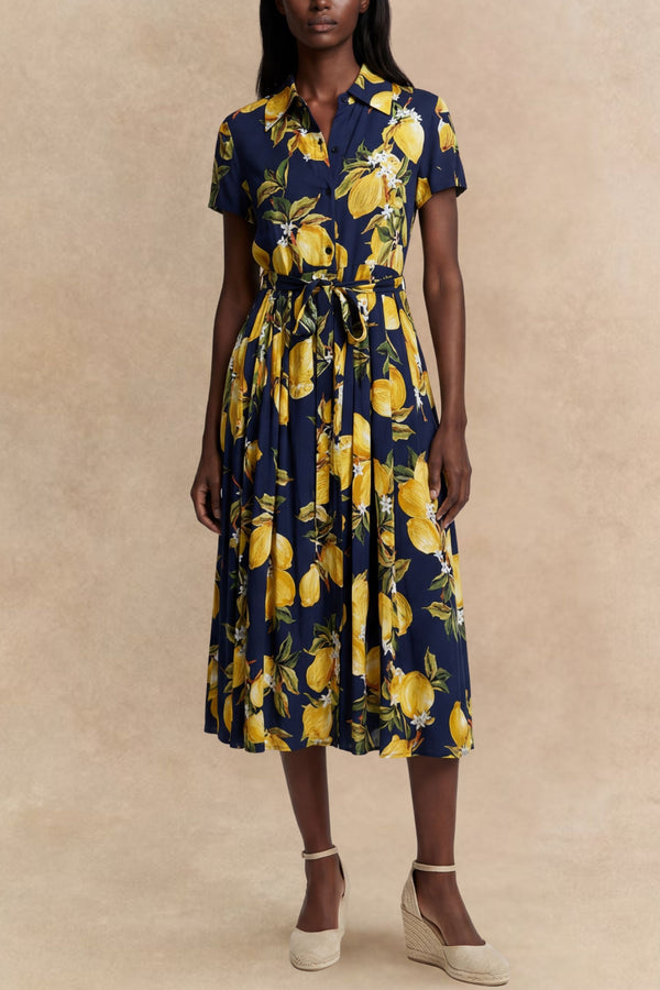 Galia Robe Chemise Mi-Longue Citron Ceinture