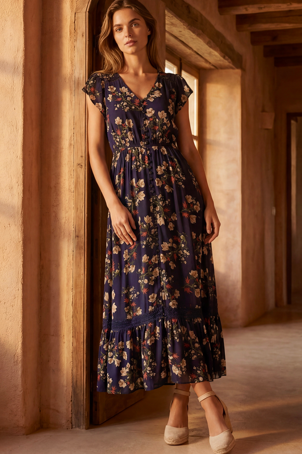 Garance Robe Midi Florale Boutonnée Manches Courtes
 