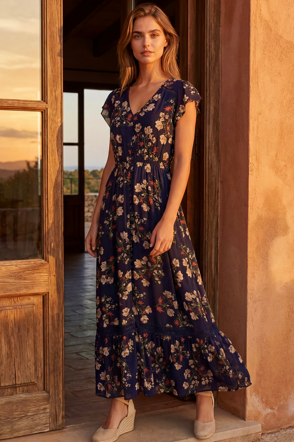 Garance Robe Midi Florale Boutonnée Manches Courtes
 