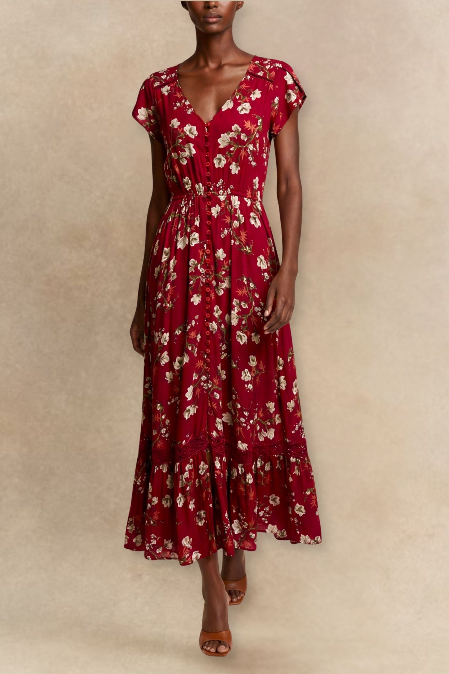 Garance Robe Midi Florale Boutonnée Manches Courtes
 