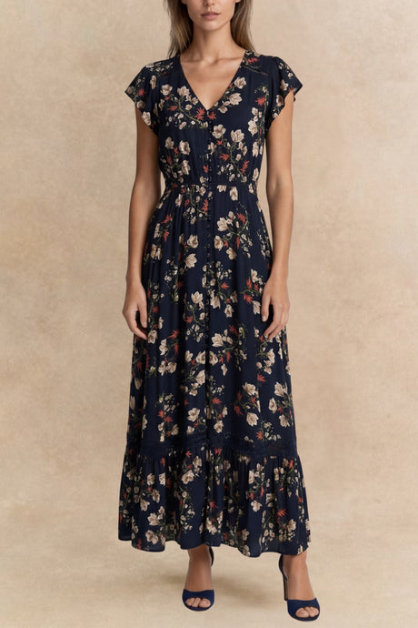 PRE-SALE | Garance Floral Button-Front Midi Dress with Short Sleeves
