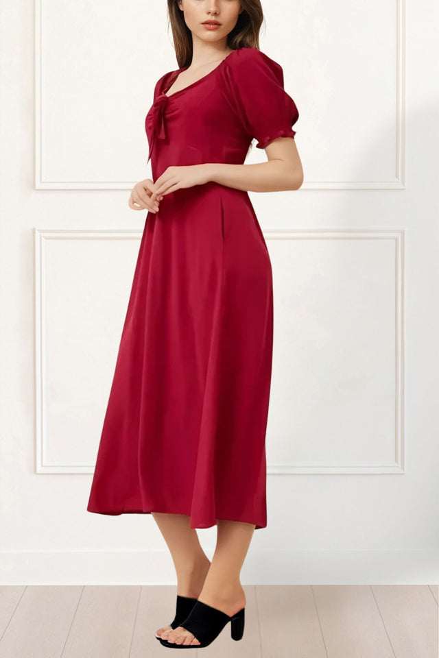 Genevieve Puff Sleeve Midi Dress - Square Neck, Bow Tie Front, Elegant - Onze Montreal Red / XS Annick