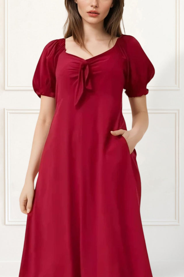 Genevieve Elegant Red A-Line Midi Dress – Puff Sleeve Summer Dress with Tie Front for Women