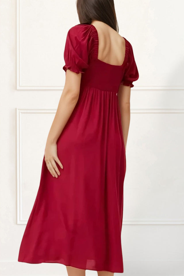 Genevieve Puff Sleeve Midi Dress - Square Neck, Bow Tie Front, Elegant - Onze Montreal Red / XS Annick