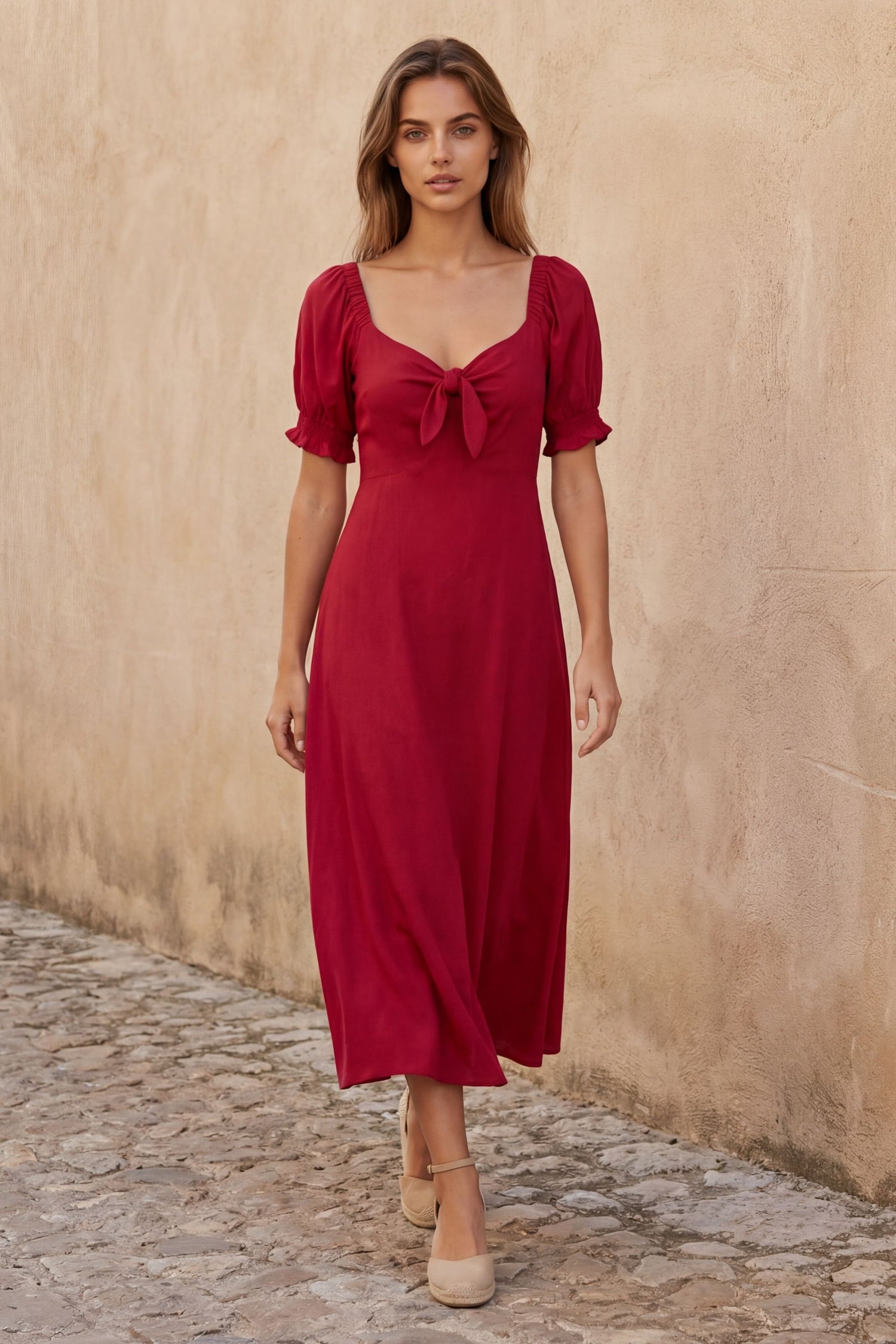 Genevieve Midi Dress Short Sleeves Front Tie