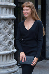 Giselle Women's Black Bodycon Dress – Ribbed Knit, Long Sleeve, V-Neck, Wrap Style with Ring Detail - Onze Montreal XS / Black Annick