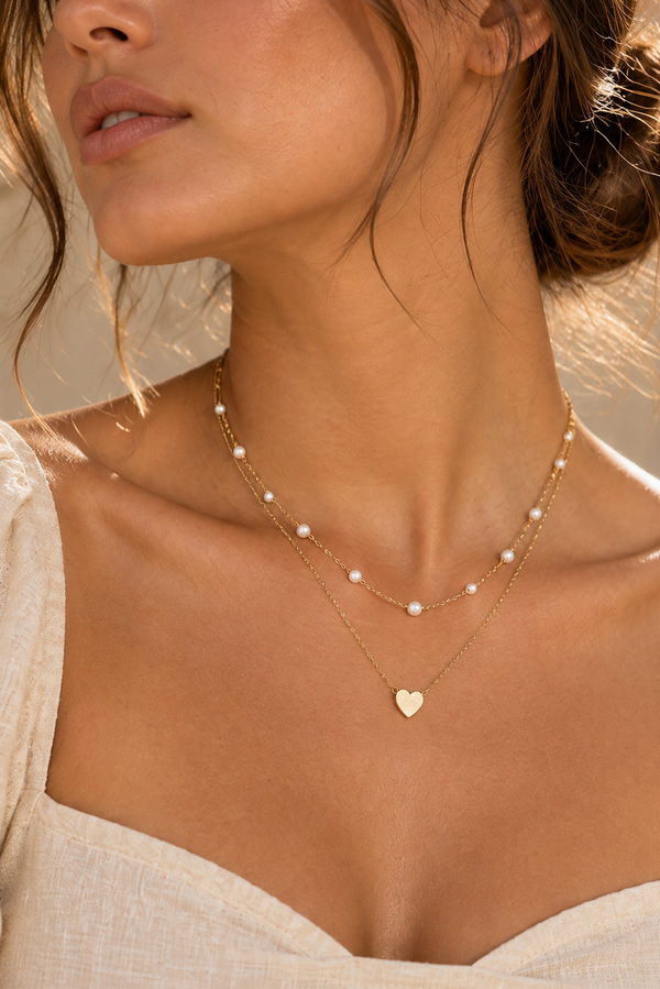 Gold-Tone Double-Layer Pearl Heart Necklace