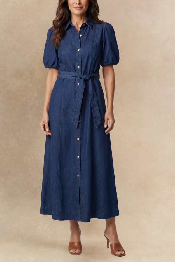 Greta Robe Midi Jean Boutons Avec Ceinture