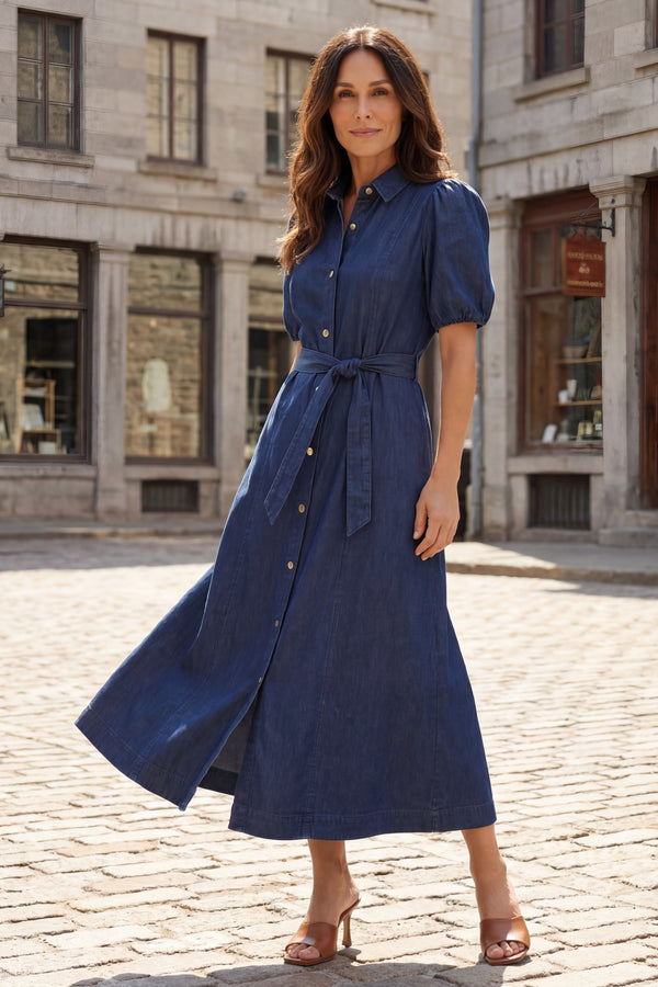Greta Robe Midi Jean Boutons Avec Ceinture