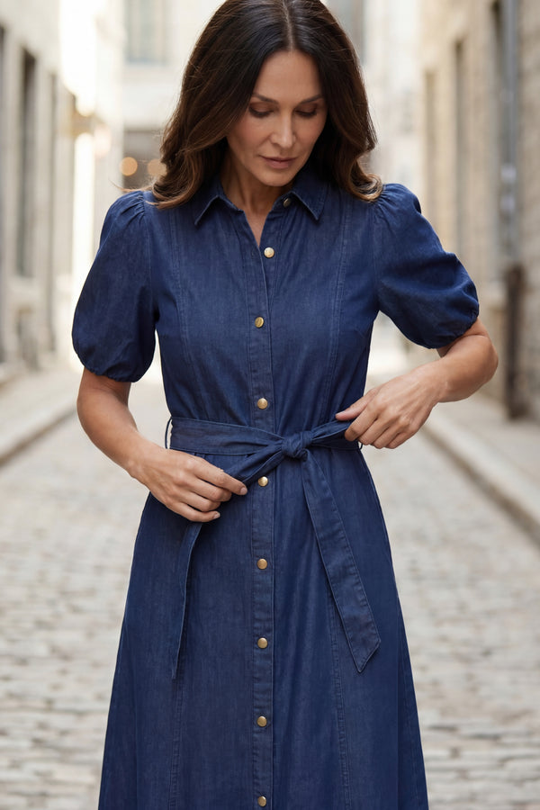 Greta Robe Midi Jean Boutons Avec Ceinture