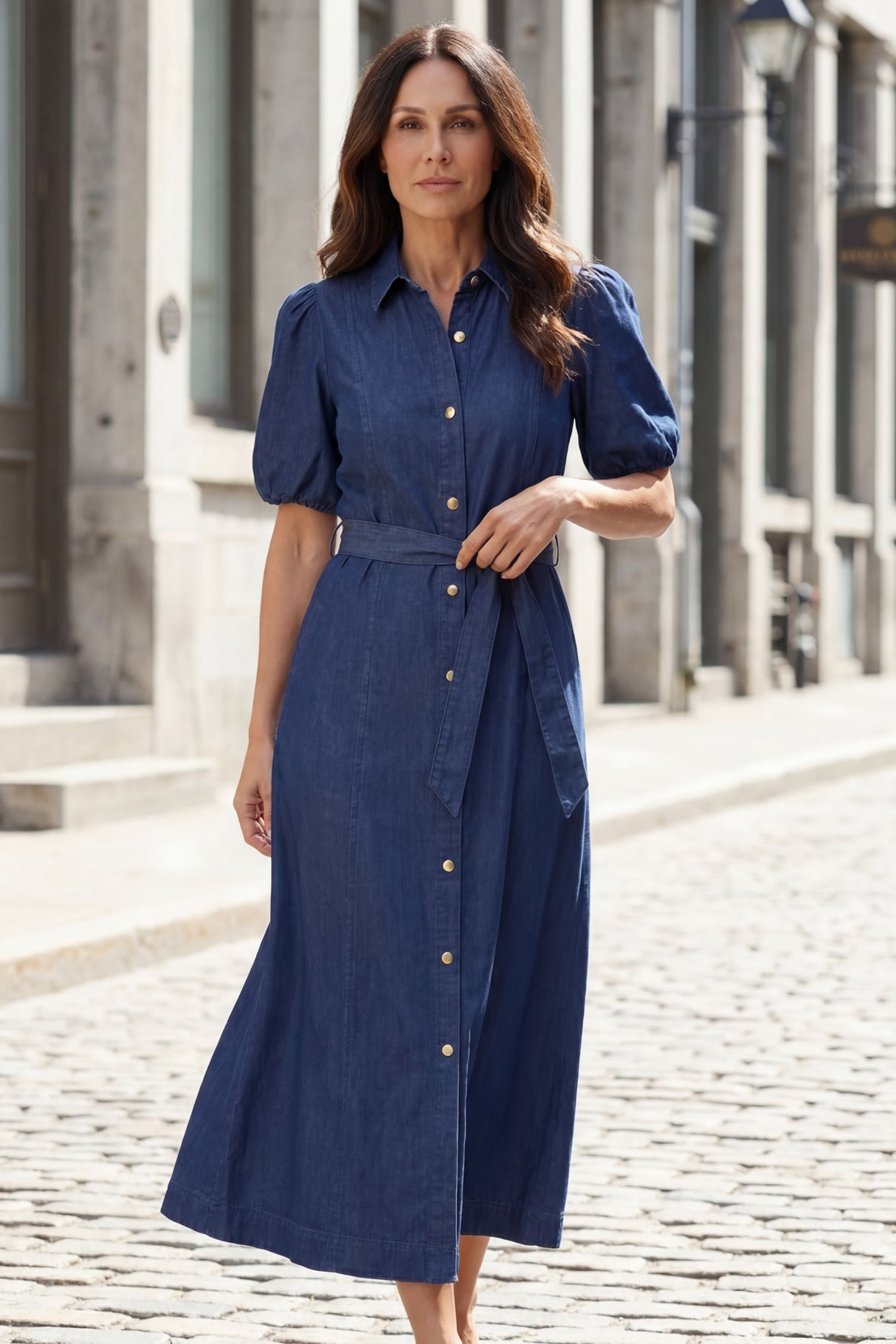 Greta Robe Midi Jean Boutons Avec Ceinture