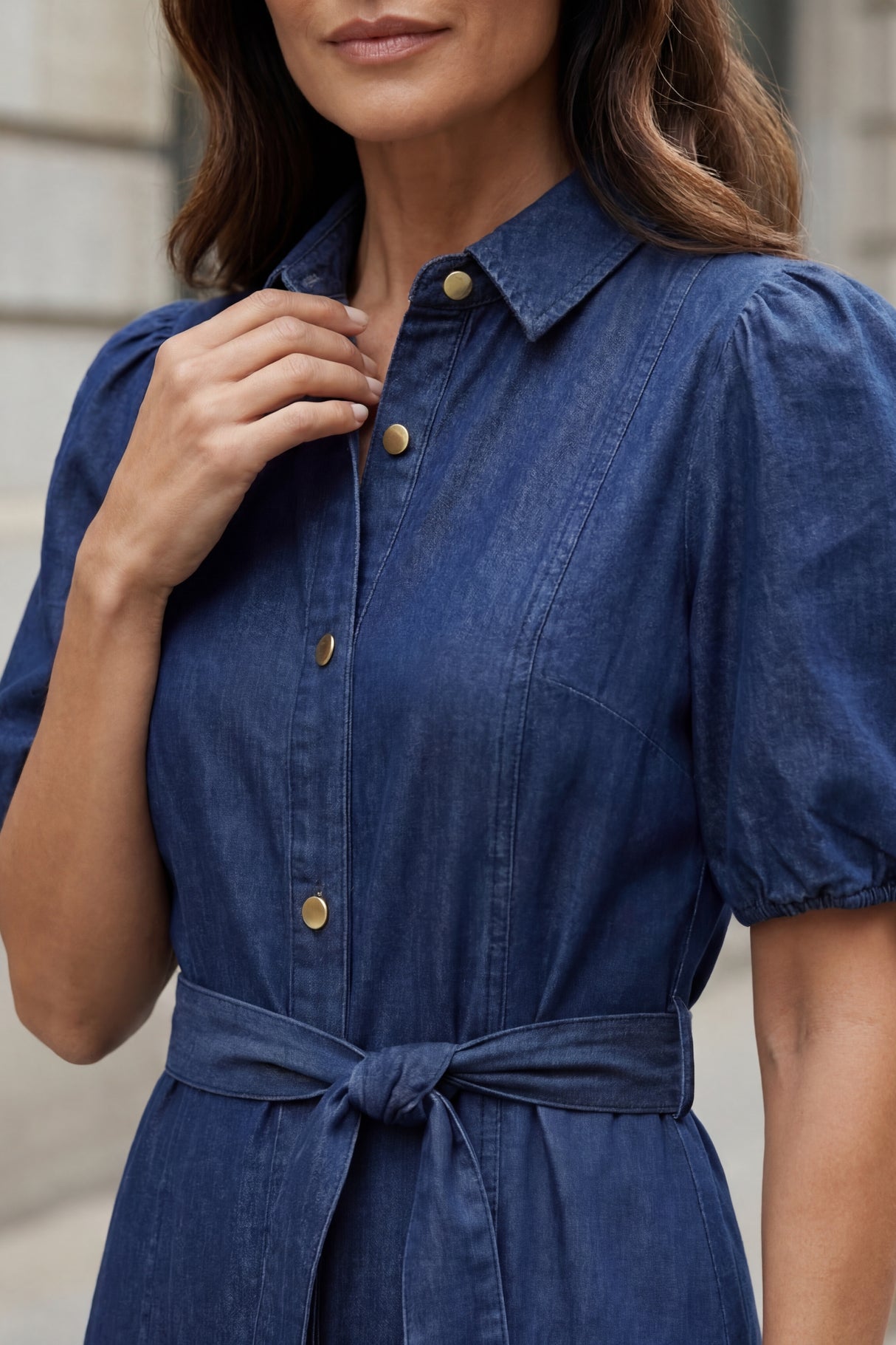 Greta Robe Midi Jean Boutons Avec Ceinture