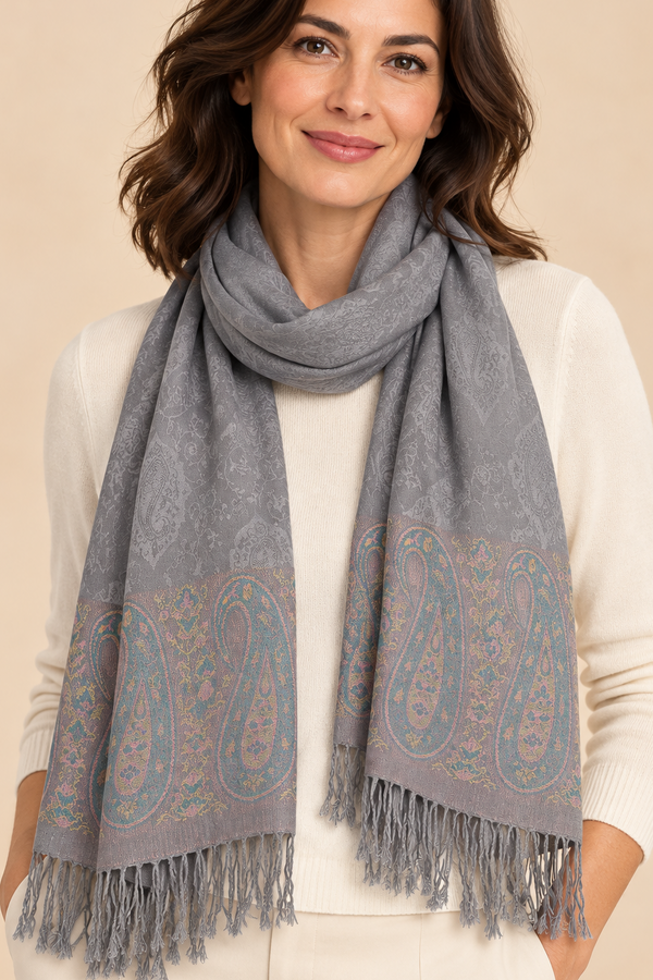 Pashmina Scarf Jacquard Paisley Light Grey