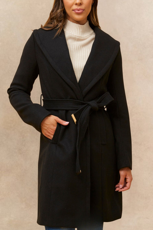 Hazel Manteau Portefeuille Croisé Noir Col Châle Ceinturé Poches Femme