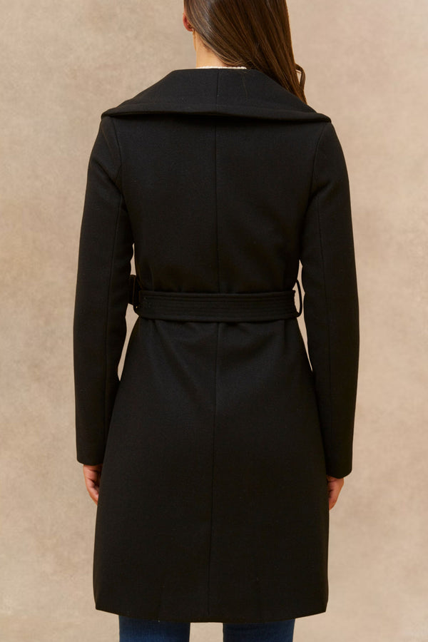 Hazel Manteau Portefeuille Croisé Noir Col Châle Ceinturé Poches Femme