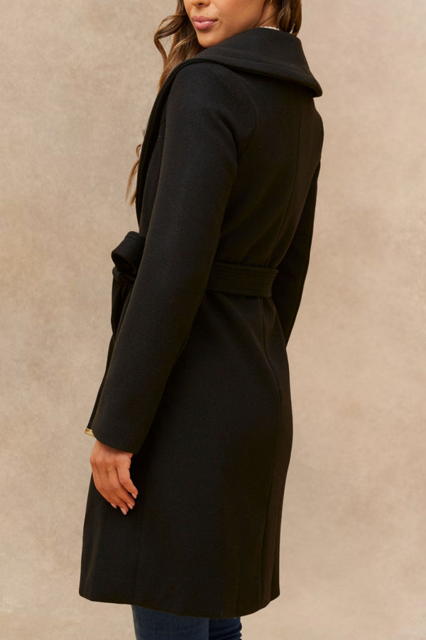 Hazel Manteau Portefeuille Croisé Noir Col Châle Ceinturé Poches Femme